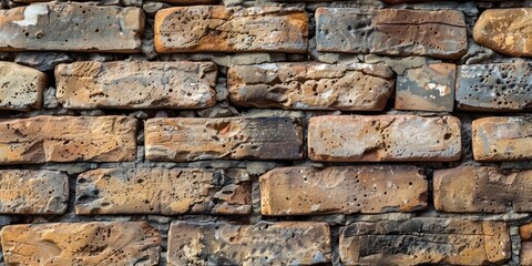 Fototapeta premium The close up picture of the old damaged wall from the brick into pattern for durability, A brick wall is a wall constructed using small bricks blocks typically made of fired or sun-dried clay. AIG51.