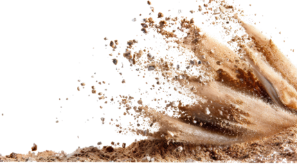 Dynamic Splash of Brown Liquid and Mud Surface Erupting in a Spray of Water Droplets and Powdery Substance