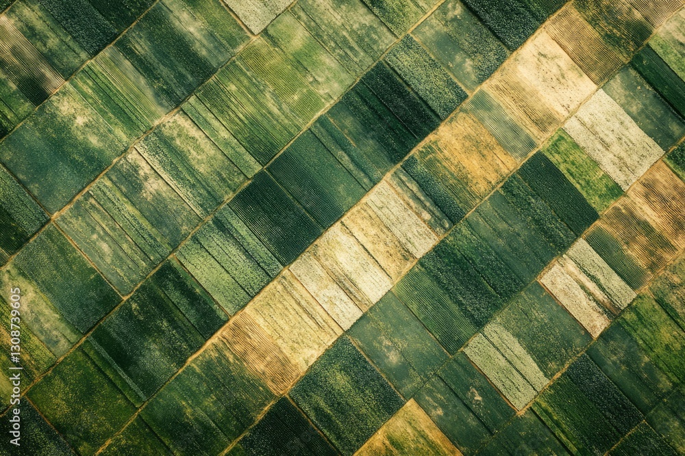 Poster aerial view of agricultural fields showing a diagonal pattern of green and beige crops.