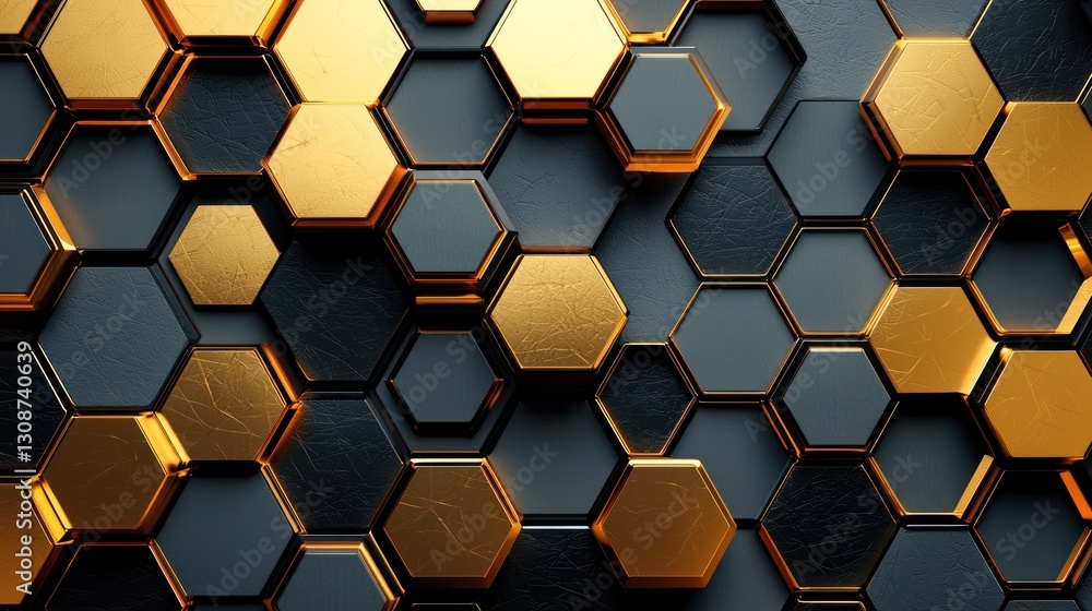 Poster geometric honeycomb pattern featuring gold and dark hexagonal tiles