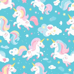 A whimsical and enchanting seamless pattern featuring graceful unicorns with pastel-colored manes, fluffy clouds, twinkling stars,
