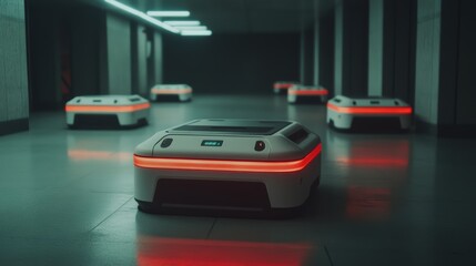 Autonomous robots line futuristic warehouse corridor.
