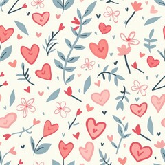 A charming and romantic seamless pattern featuring hand-drawn hearts, delicate flowers, leaves, and arrows in soft pink, red, and muted green tones.