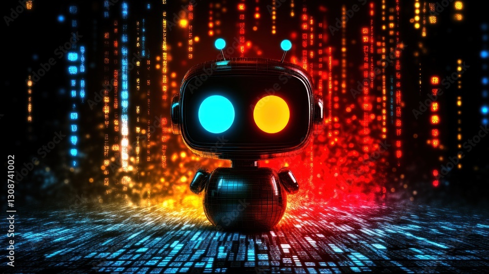Poster a small robot displays information against a glowing background