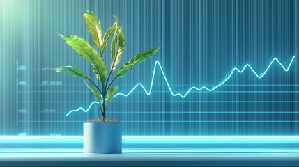 Plant growth represented by upward trends in data visualization against a blue background highlighting nature and technology connection