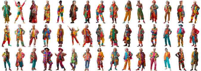 Many people set on isolated background, bold color fashion wear, full body length shot, mixed different diverse people, trendy model summer collage of happy positive male and female, crisp edges style
