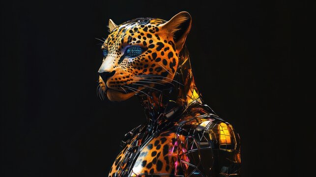 Cybernetic Leopard Portrait, Dark Background, Futuristic Art, Sci-Fi