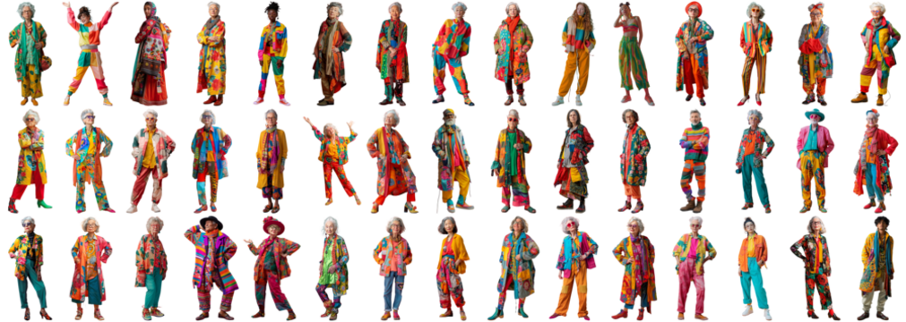 Many people set on isolated background, bold color fashion wear, full body length shot, mixed different diverse people, trendy model summer collage of happy positive male and female, crisp edges style