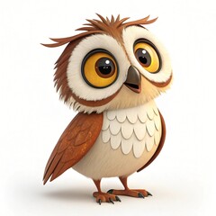 Fototapeta premium Adorable 3D Cartoon Baby Owl Cute Bird Character Wildlife Animal White Background