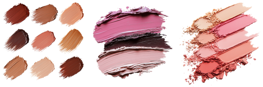 Colorful makeup swatches showcasing various shades and textures of eyeshadow and blush. isolated on white background and transparent background - Powered by Adobe