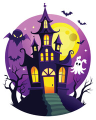 A spooky silhouette of a haunted house at night, ominous glowing eyes peering from darkened windows.  Create a chilling and atmospheric image.