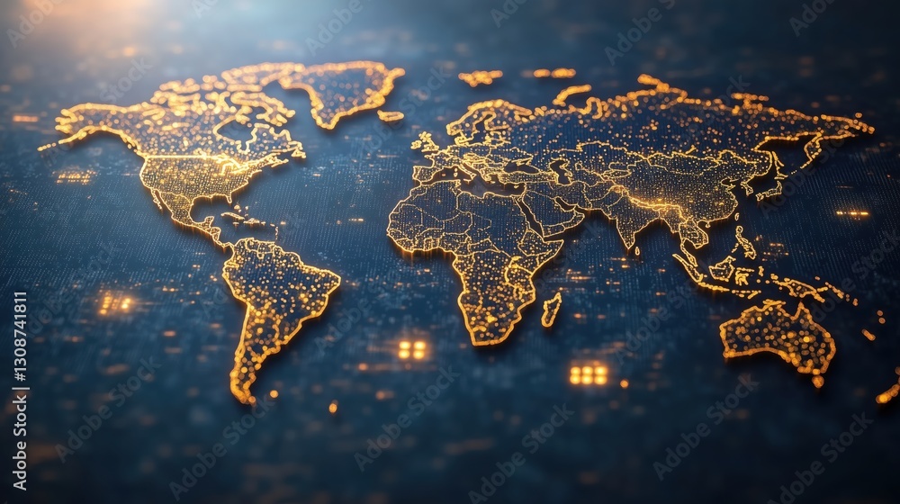 Poster world map displaying illuminated cities and regions in a technological style at night with a digital