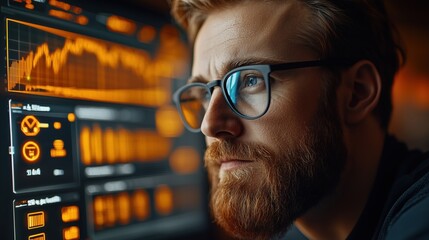 Data analysis on a digital dashboard with graphs and metrics in a modern workspace during evening hours