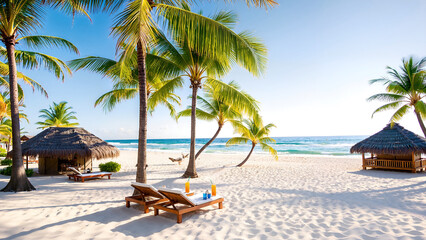 Tropical beach escape with thatched huts & cocktails. Relaxing paradise vibe.