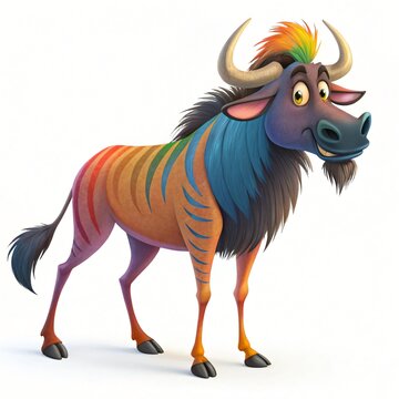 Colorful Cartoon Wildebeest Vibrant Rainbow Stripes Happy Animal Illustration 3D Render