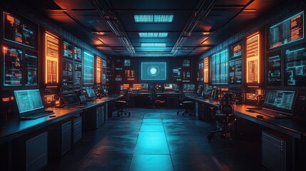 Tech control room monitors data stream, glowing screens in dark interior