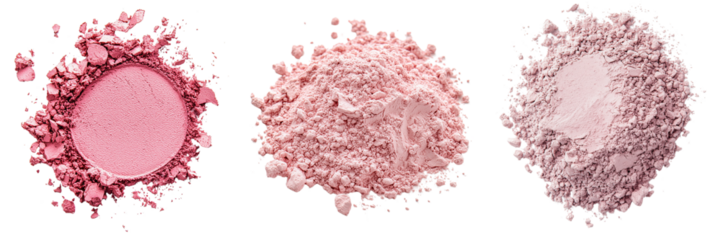 Colorful cosmetic powders arranged in piles showcasing shades of pink and white for beauty or makeup applications. isolated on white background and transparent background