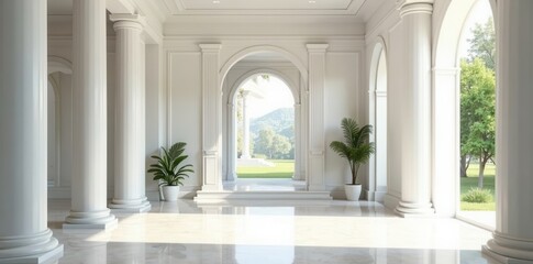Naklejka premium Elegant white columned foyer, bright and spacious, home interior, room