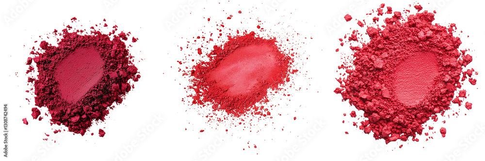 Poster colorful piles of vibrant red powder arranged in three distinct shapes, showcasing texture and hue. 