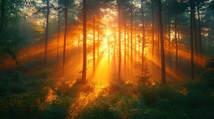 Sunrise rays through misty forest