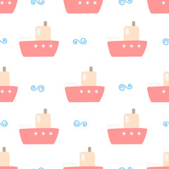 Children's seamless boat pattern. A simple vector illustration of a boat sailing on the waves. Minimalistic pattern. A children's illustration or design element related to the marine theme.