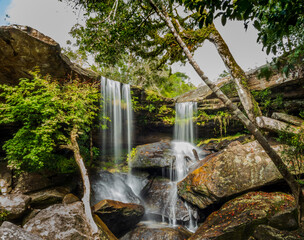 Obraz premium Photography long exposure landscape view amazing waterfall beautiful in nature in tropical hiking green forest wild of national park Thailand look freshness cool spring season on vacation travel