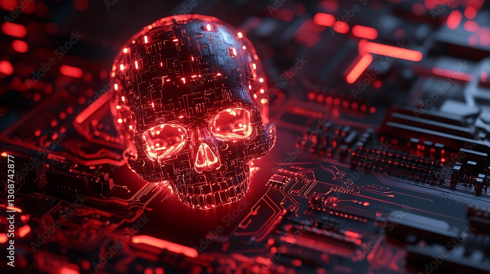 Poster digital skull on circuit board with red light cyber security concept