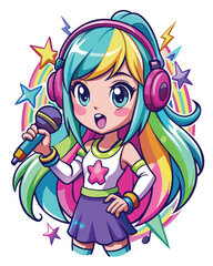 Create a kawaii anime-style DJ girl with vibrant neon rainbow hair, wearing oversized headphones and clothing.  Include playful elements.