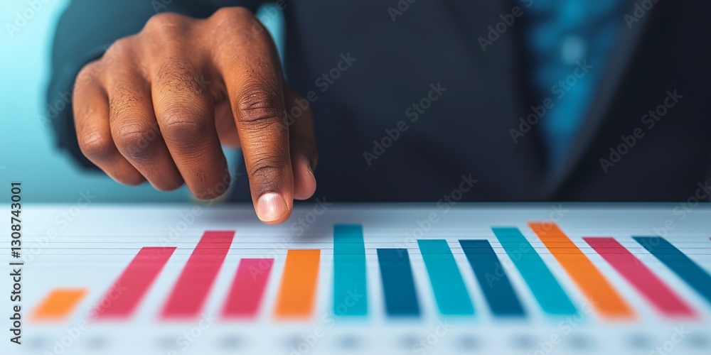 Poster close up of hand pointing at colorful bar graph business data analysis