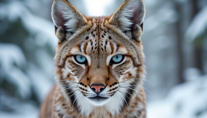 Obraz premium Close-up of lynx with piercing blue eyes, set against blurred snowy background. The detailed fur pattern and intense gaze make it ideal for wildlife, nature, and winter-themed projects.
