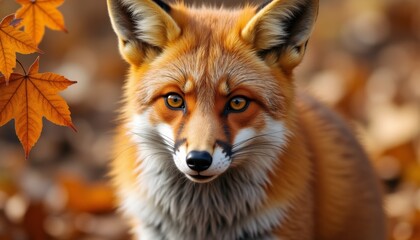 Fototapeta premium Close-up of fox's head with vibrant orange fur and pointed ears, surrounded by autumn leaves. Wildlife, seasonal promotions, nature articles, and educational content.