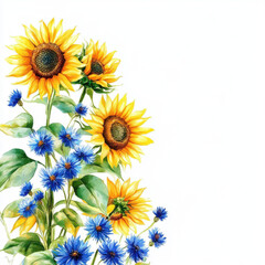 Naklejka premium Bright sunflowers and blue cornflowers create vibrant floral arrangement, showcasing nature beauty and joy. Perfect for adding cheerful touch to any space