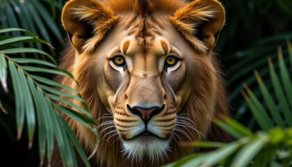 Fototapeta premium Majestic lion peers through lush green foliage. Educational materials, wildlife conservation campaigns, nature-themed publications