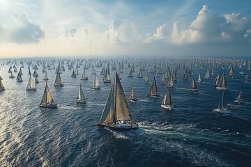 Sailing Regatta, Many Boats, Ocean, Sunlight, Wide Shot