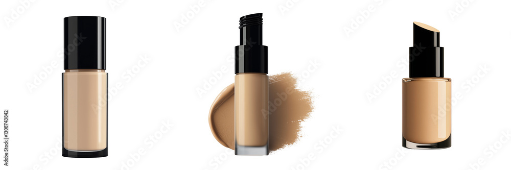 Poster three bottles of liquid foundation with varying shades, showcasing the product and its application i