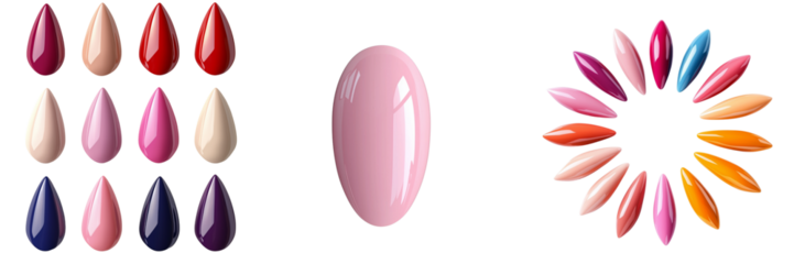 Nail polish samples displayed in various colors and shapes, showcasing a vibrant palette for manicure options. isolated on white background and transparent background