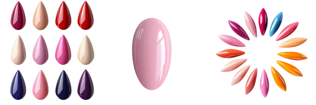 Nail polish samples displayed in various colors and shapes, showcasing a vibrant palette for manicure options. isolated on white background and transparent background