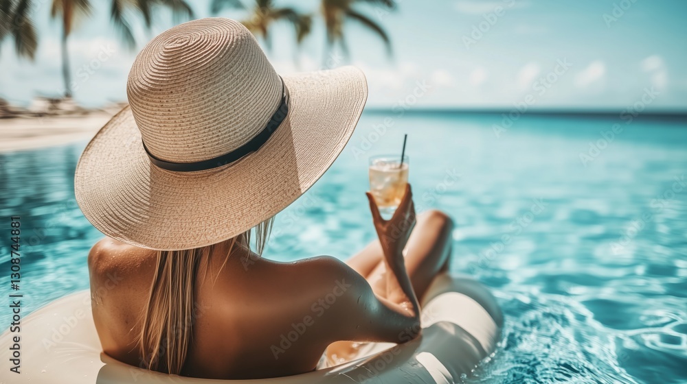 Poster relaxing at a tropical pool with a drink in hand, enjoying sunshine and palm trees while floating on