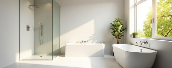 Fototapeta premium Bright, minimalist bathroom with walk-in shower & soaking tub, bright, stylish