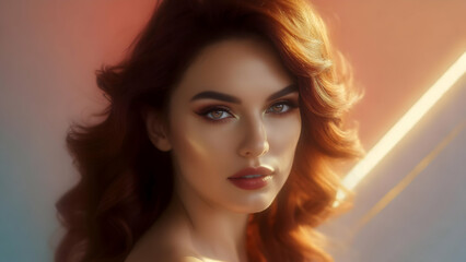 Radiant Woman with Flowing Red Hair Glowing Under Warm Golden Light in a Dreamy Artistic Studio Portrait