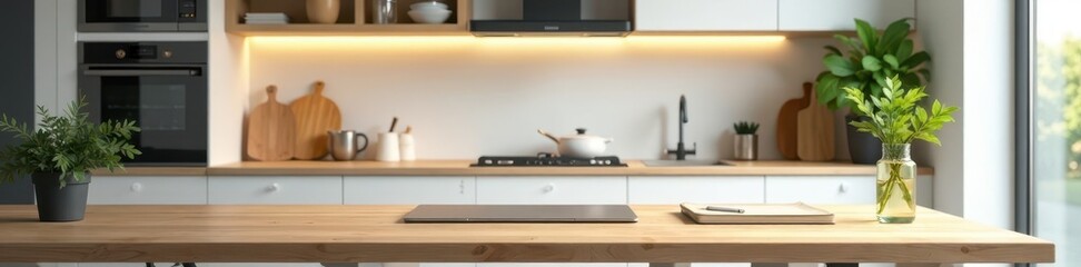 Clean minimalist kitchen desk, ample workspace, free space, tidy