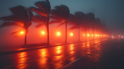 Stormy Palm-lined Roadway: A dramatic shot of a palm tree lined road during a powerful storm with strong winds and heavy rainfall, capturing the power of nature.
