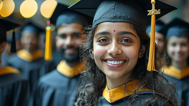 indian young woman in graduation attire smiles at camera during a university ceremony in India.   academic achievement and higher education in India. The concept focuses on graduation