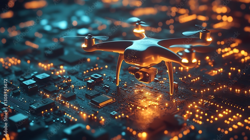 Poster drone hovering over glowing circuit board for tech innovation concept