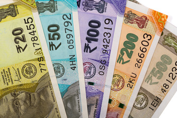 Banknotes in denominations of 20, 50, 100, 200 and 500 Indian rupees