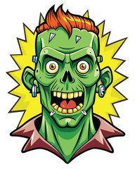 A close-up shot of Frankenstein's stitched-up monster head, revealing bolts in the neck, showcasing detailed stitching and textured skin.