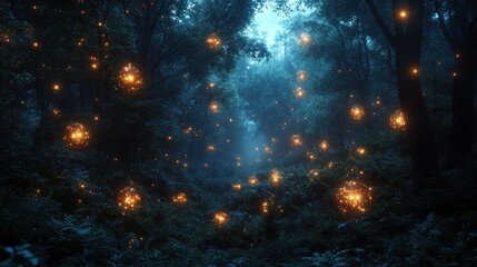 Naklejka premium Enchanting glowing orbs in a mystical forest at night