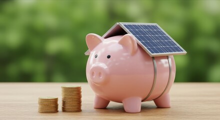 Pink piggy bank with solar panel, coins in front.