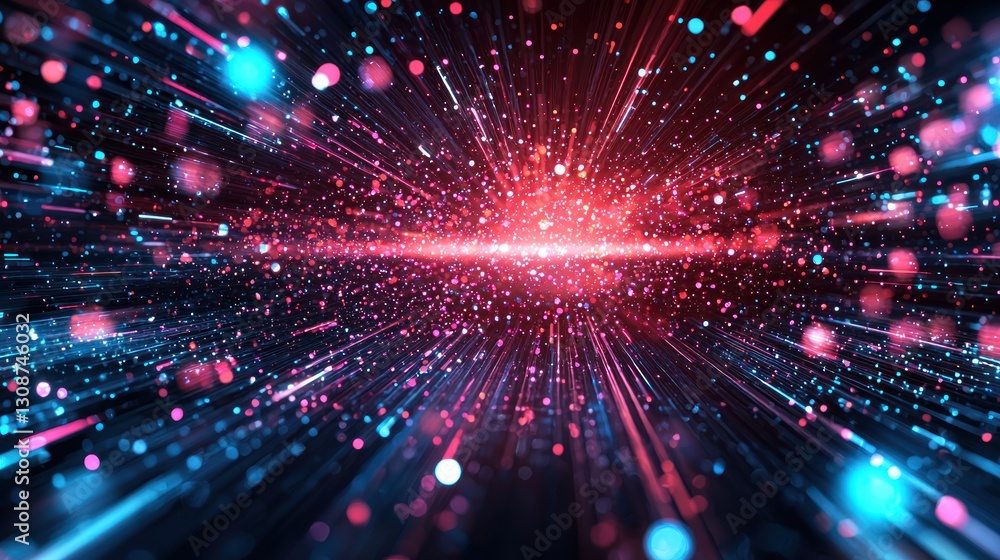 Poster futuristic abstract image of glowing particles and light rays radiating