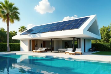 Fototapeta premium Geometric solar panels atop minimalist house, sparkling pool , sky, clean lines